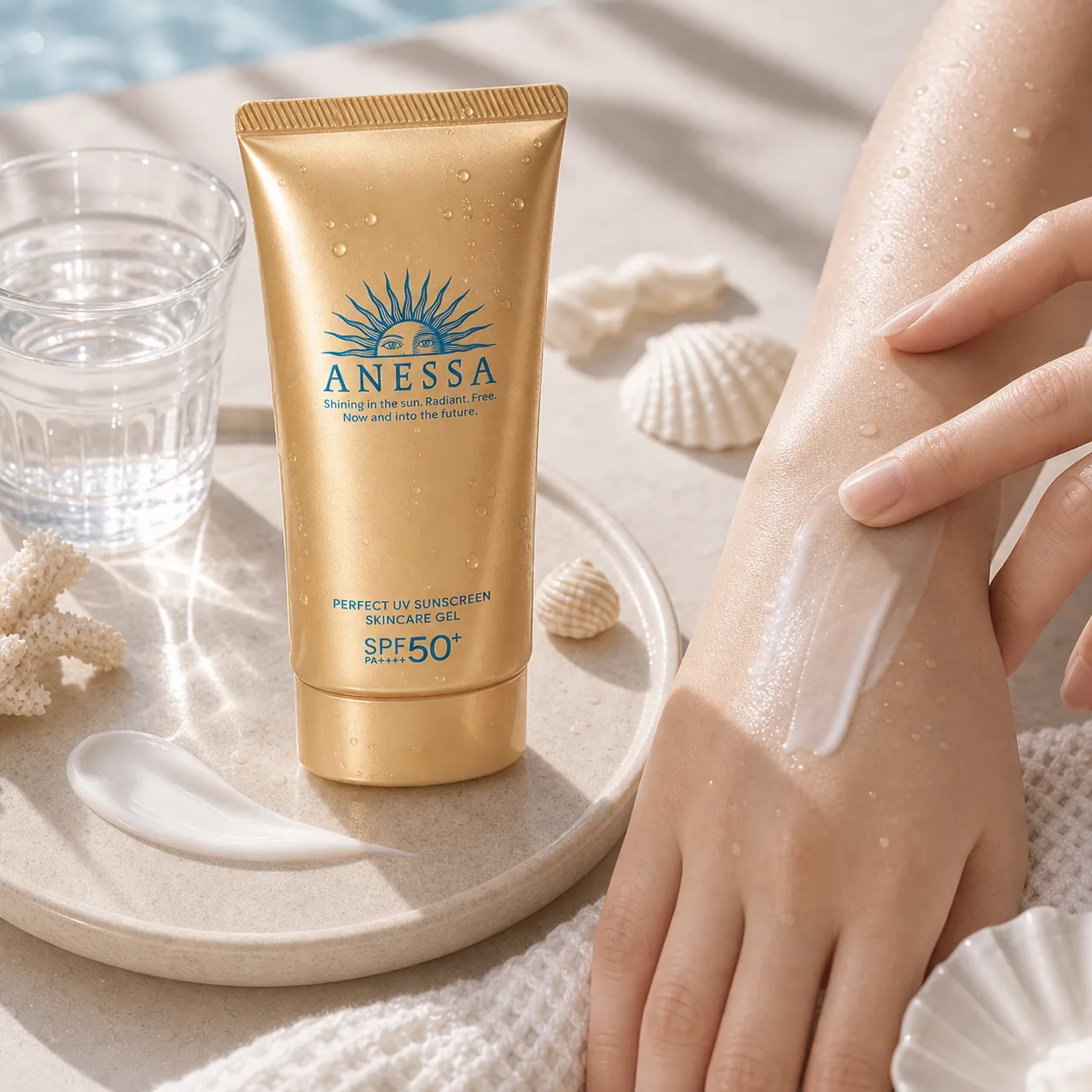 Editorial flat lay of Anessa UV skincare milk