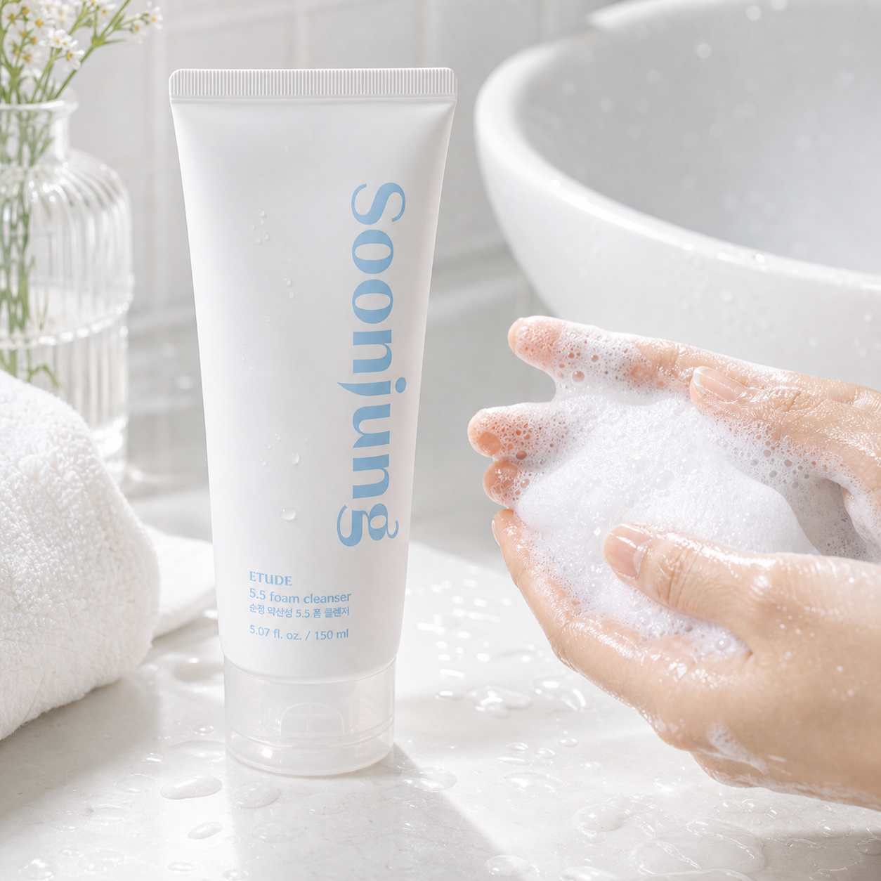 Editorial flat lay of ETUDE SoonJung cleanser