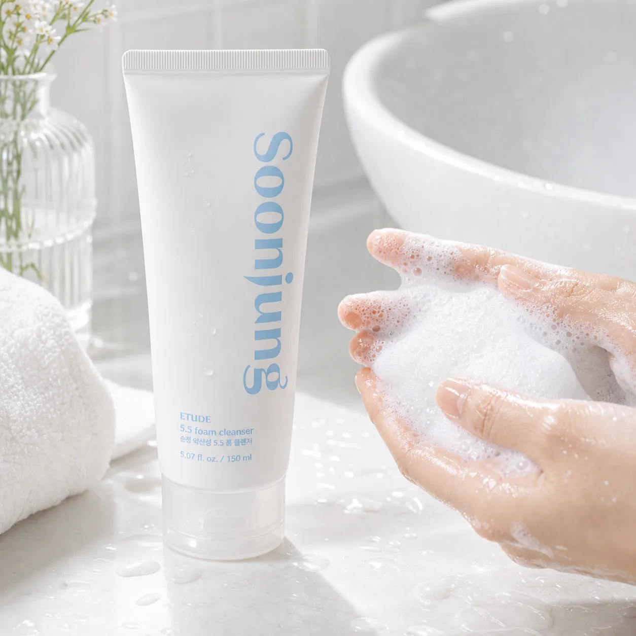 Editorial flat lay of ETUDE SoonJung cleanser