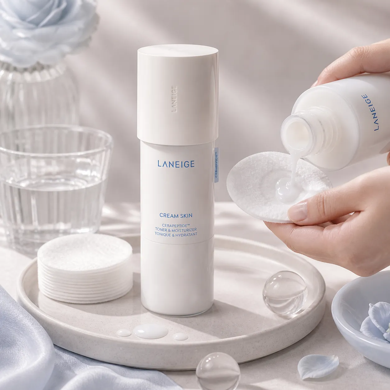 Editorial flat lay of LANEIGE Cream Skin toner