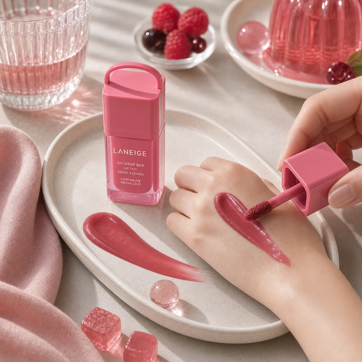 Editorial flat lay of Laneige JuicePop lip tint