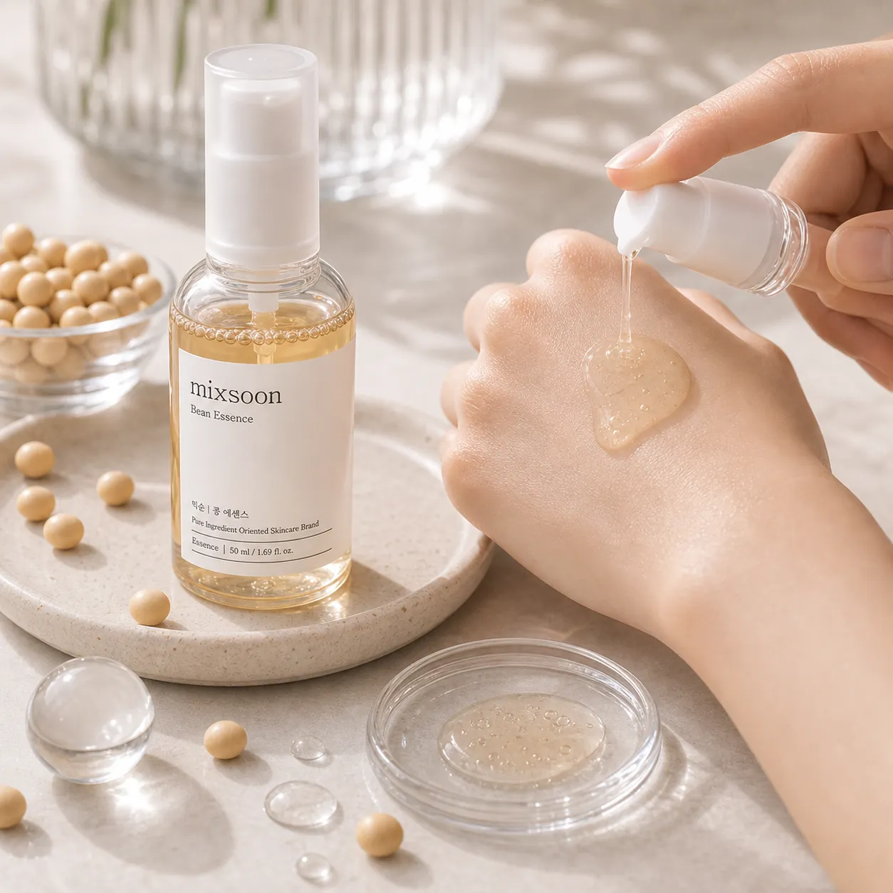 Editorial flat lay of mixsoon Bean Essence