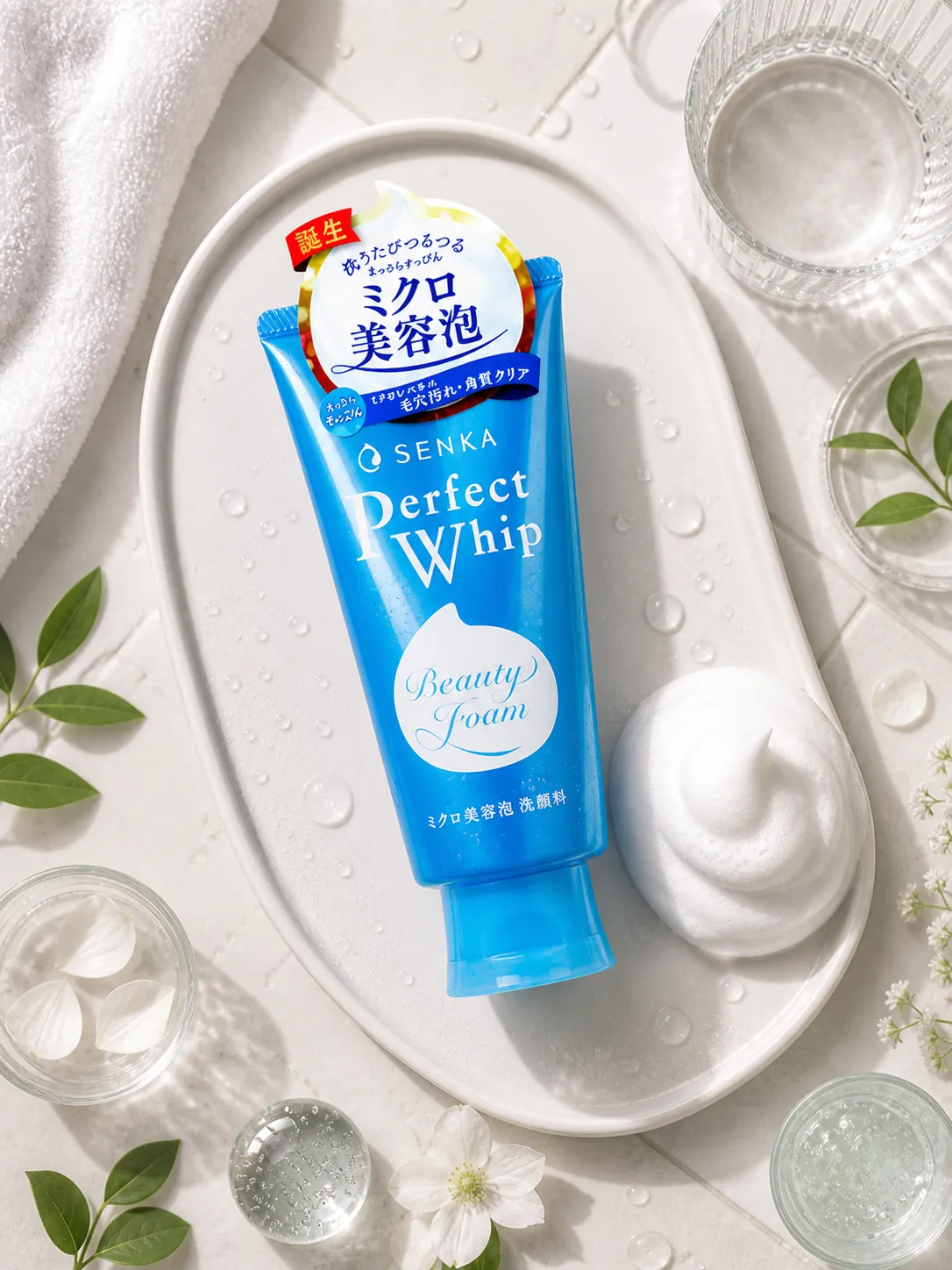 Editorial flat lay of Senka Perfect Whip facial cleanser