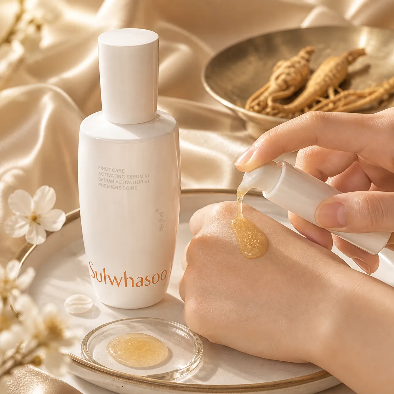 Editorial flat lay of Sulwhasoo First Care Activating Serum