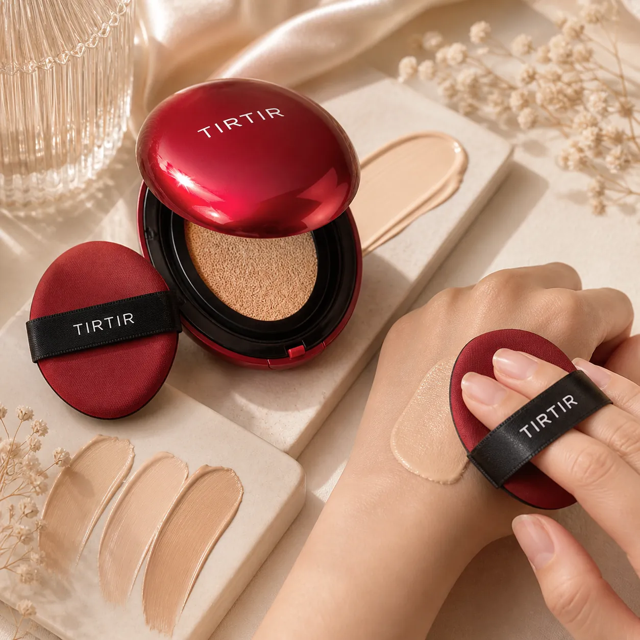 Editorial flat lay of TIRTIR Mask Fit Red Cushion