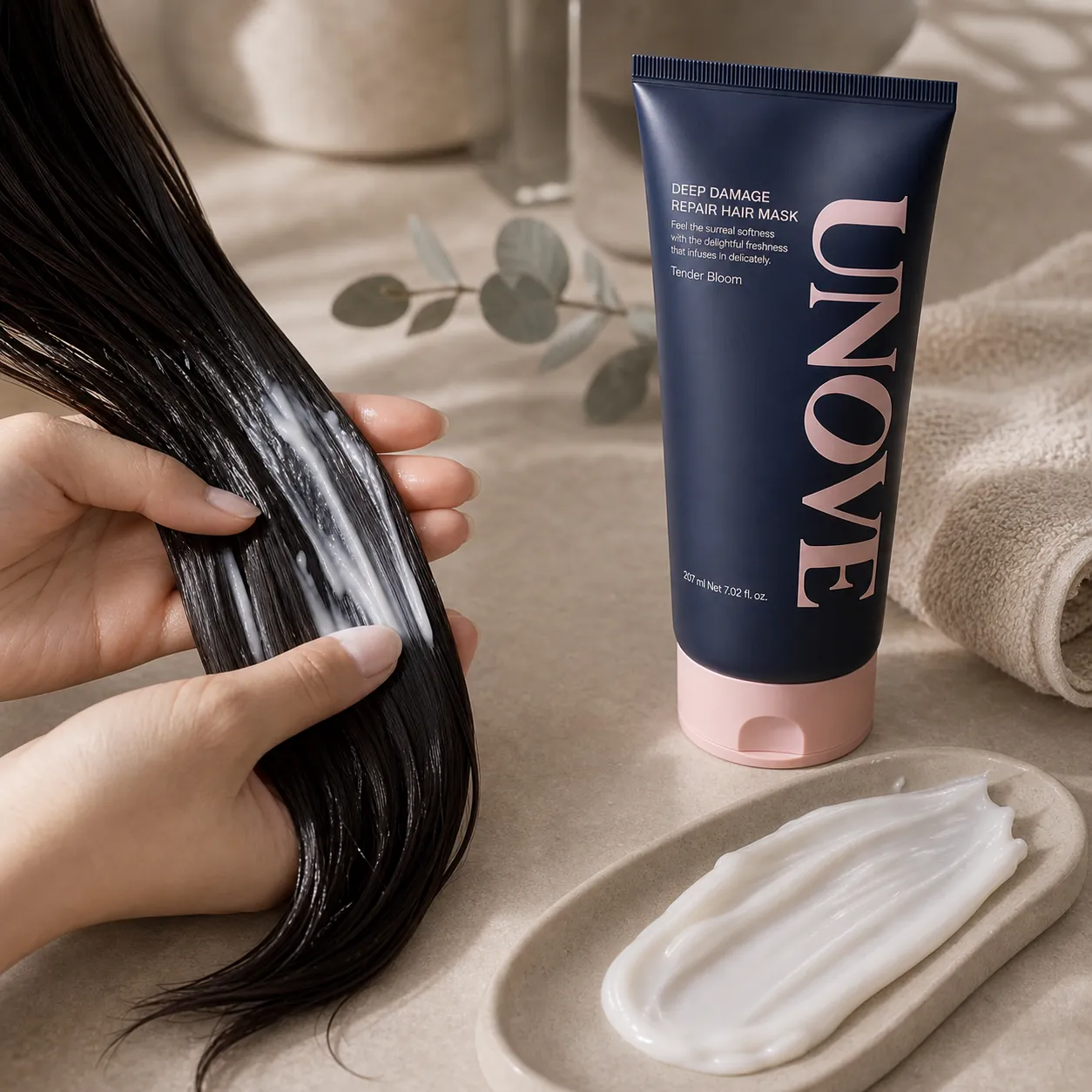 Editorial flat lay of UNOVE deep damage repair hair mask