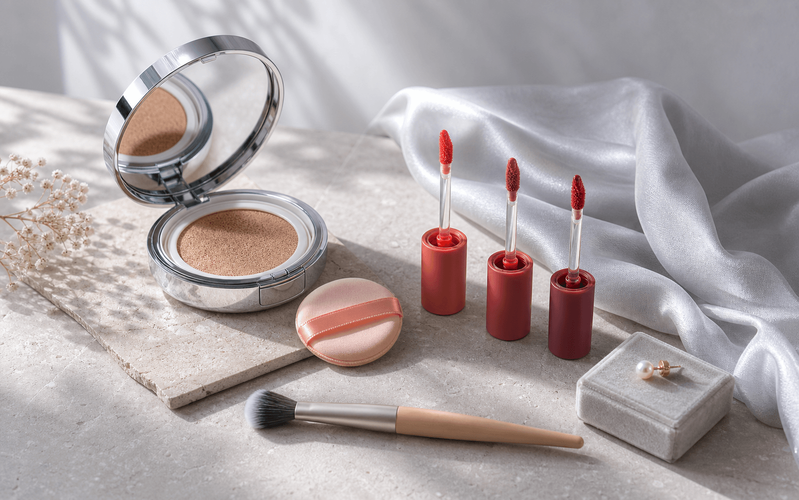 K-beauty makeup and lip care collection still life